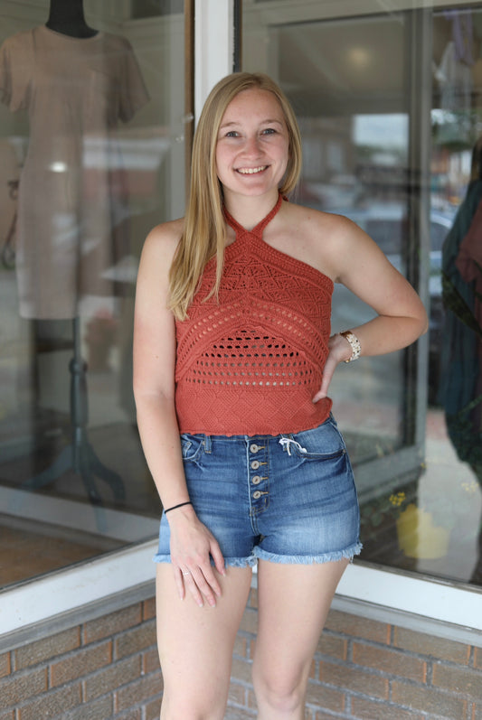 Red Clay Knit Crochet Halter Neck Backless Tank Top