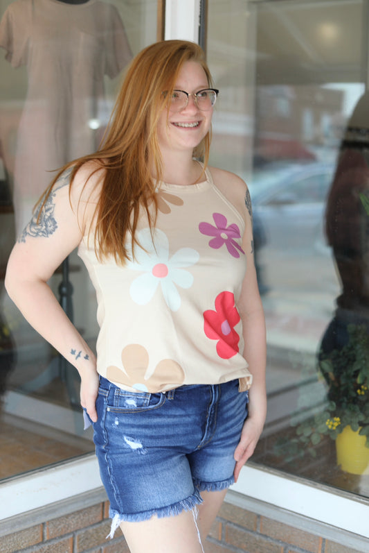 Flower Print Round Neck Tank: Khaki