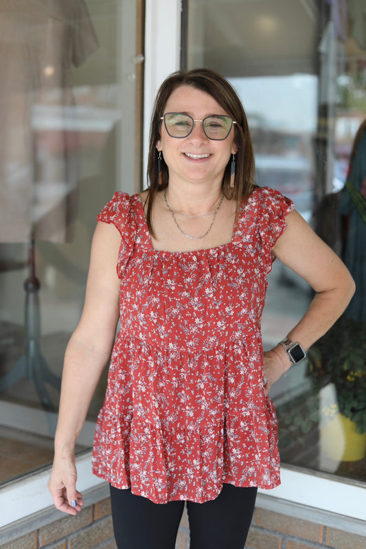 Puff Short-Sleeved Square Neck Ruffled Shirt Top: Red