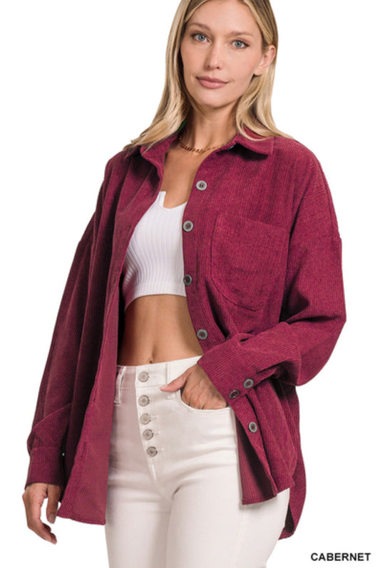 Oversized Corduroy Shacket — Cabernet