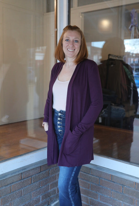 SLOUCHY POCKET OPEN CARDIGAN-Eggplant