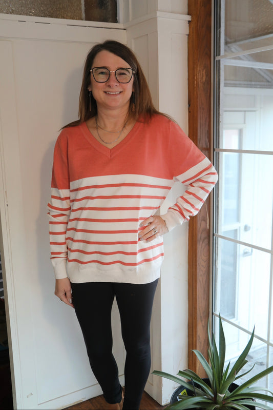 V Neck Striped Loose Sweater: PINK