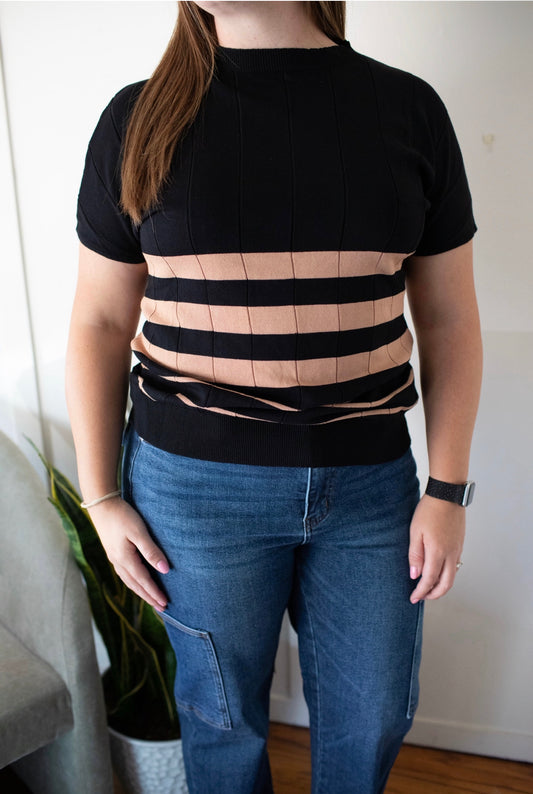 Round Neck Stripe Knit Fit Short Sleeve Top: BLACK