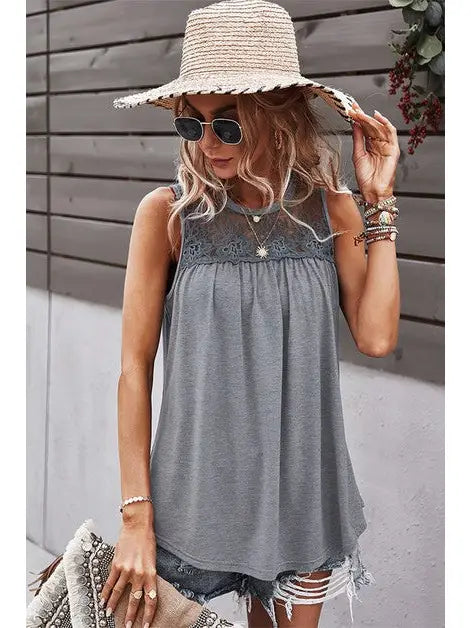 Crew Neck Lace Solid Loose Fit Top