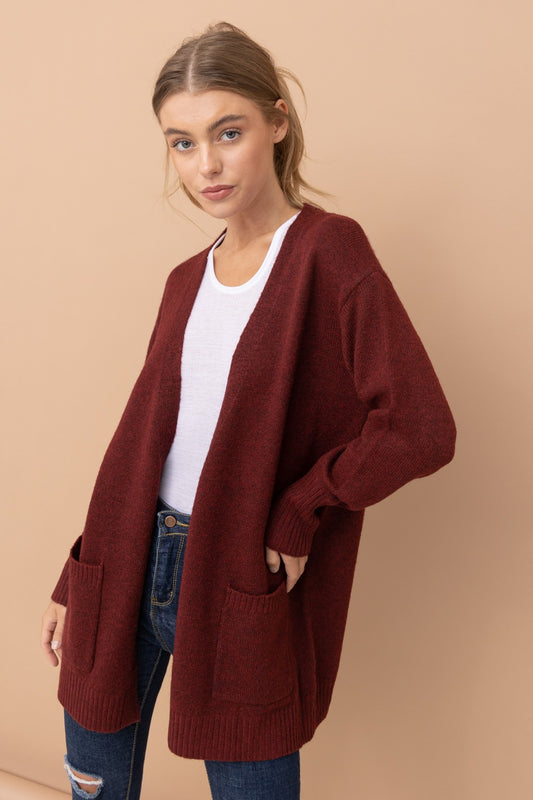 Open Front Mossy Pocket Cardigan — Burgundy