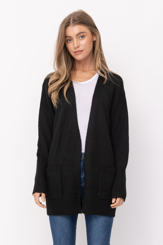 Open Front Mossy Pocket Cardigan — Black