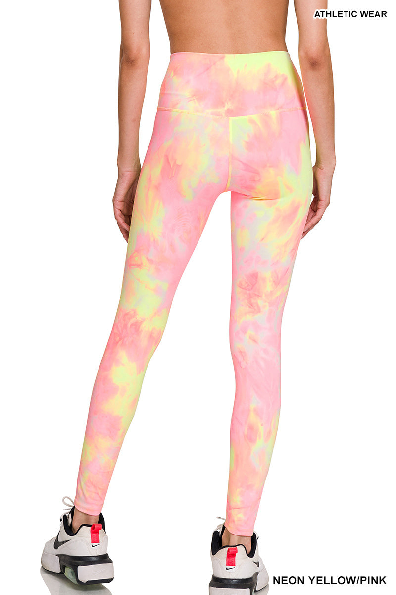 Athletic Tie Dye High Wasted Leggings -- Neon Yellow/Pink – Cara