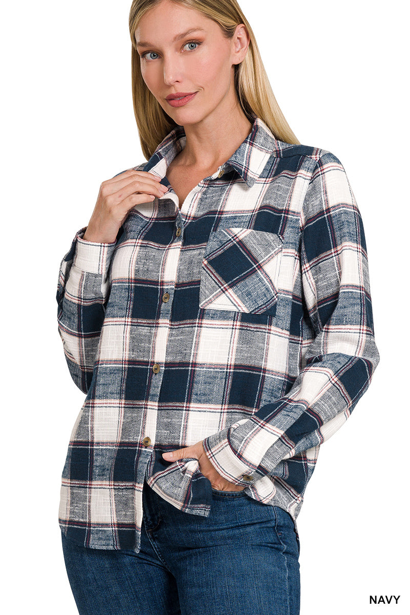 Cotton Plaid Flannel with Front Pocket — Navy – Cara Mia & Co.