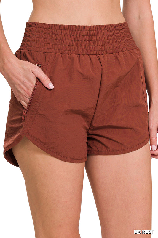 Windbreaker Smocked Waistband Pocket Running Shorts -- Dark Rust