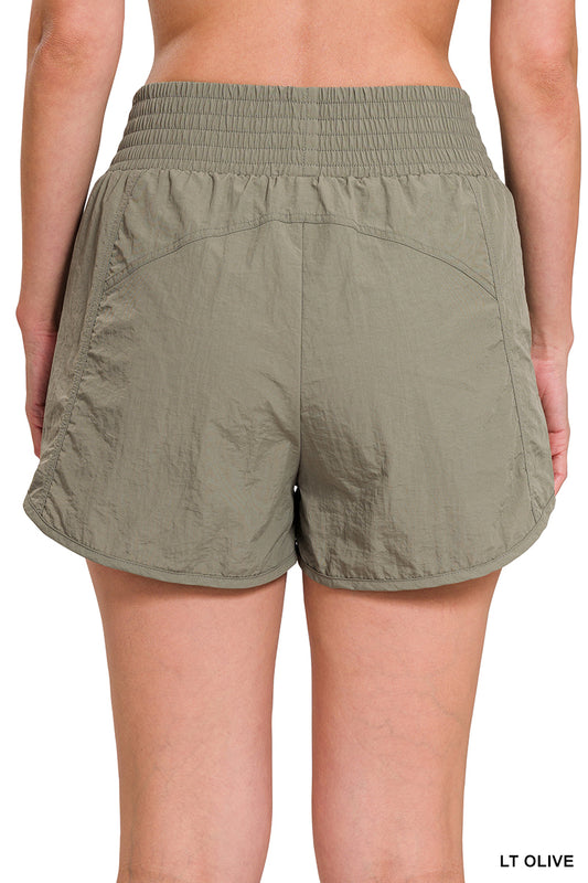 Windbreaker Smocked Waistband Pocket Running Shorts -- Light Olive