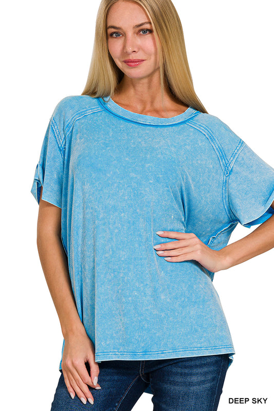 Washed Ribbed Short Sleeve Boat-Neck Top -- Deep Sky