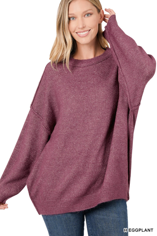 Oversized Round Neck Raw Seam Melange Sweater — Heather Eggplant