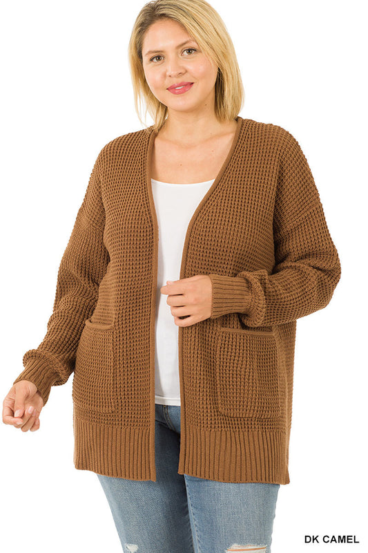 Waffle Open Cardigan Sweater - Dark Camel