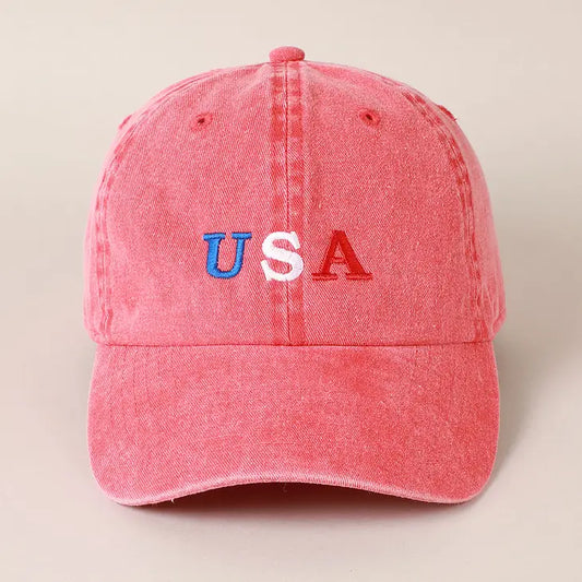 USA Embroidered Cotton Baseball Cap-RED