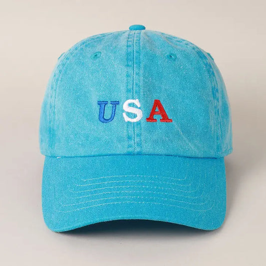 USA Embroidered Cotton Baseball Cap-Turquoise