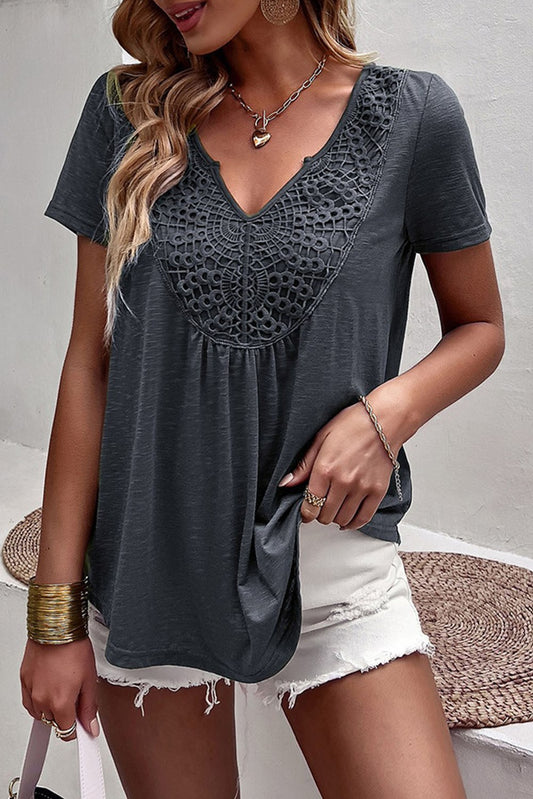 V Neck Crochet Patchwork T Shirt