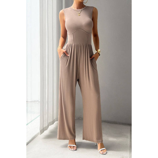 Round Neck Solid Sleeveless Fit Ruched Jumpsuit: BROWN