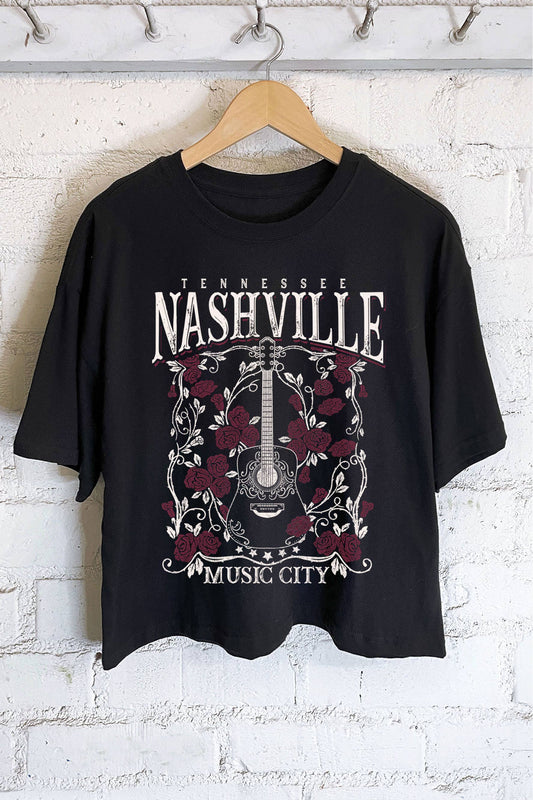 NASHVILLE MUSIC CITY ROSE GUITAR GRAPHIC LONG CROP TOP : Black