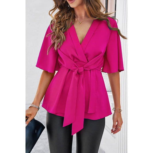 Wide Sleeve Deep V Knot Cross Ruffle Fit Blouse: FUCHSIA