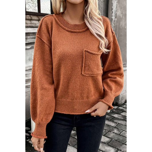 Pocket Patch Drop Shoulder Round Neck Sweater: BROWN