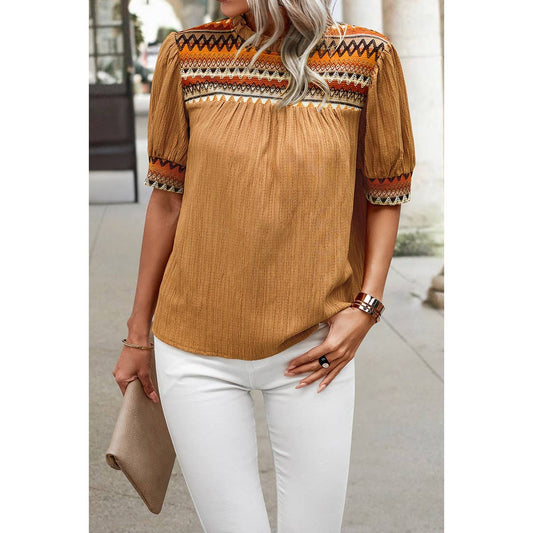 Stripe Ruched Color Block Puff Sleeves Top