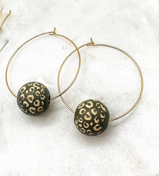 Olive Green Leopard Wood Hoop Bead Earrings