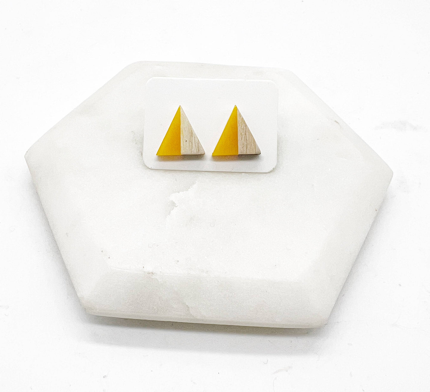 Mustard Yellow Wood Resin Acrylic Triangle Statement Studs