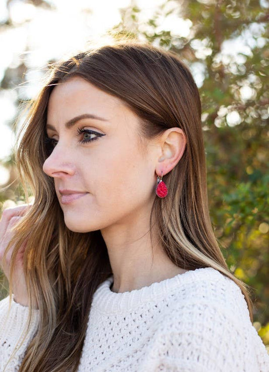 Red Druzy Teardrop Dangle Earrings