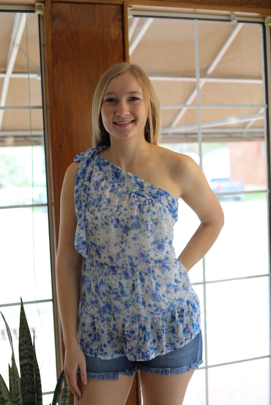 Floral Printed One Shoulder Tiered Top-BLUE