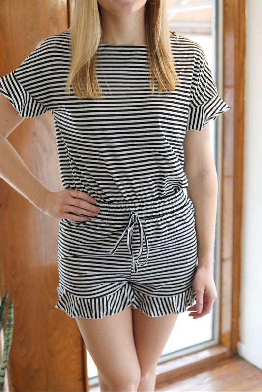 Round Neck Striped Top and Shorts Set