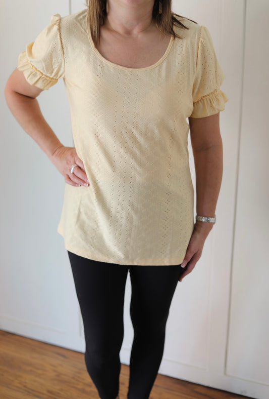 LACE, ROUND NECK, PRINCESS SLEEVES TOP YELLOW