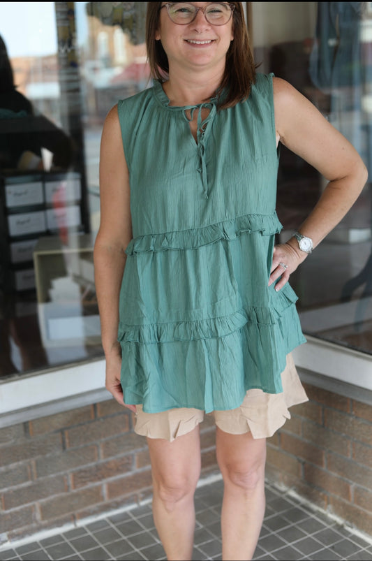 Ruffle Tiered Sleeveless Top-Seagreen