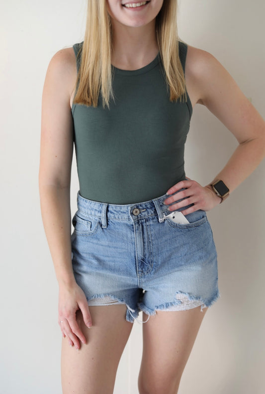 Ribbed Tank Bodysuit-Teal