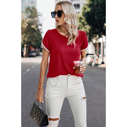 Petal Sleeve Loose Fit Top-Red