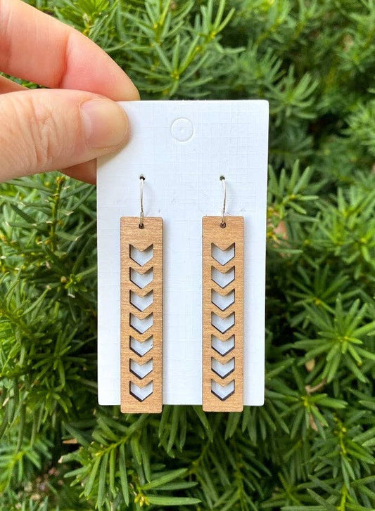 Wood Chevron Stick Rectangle Statement Earrings