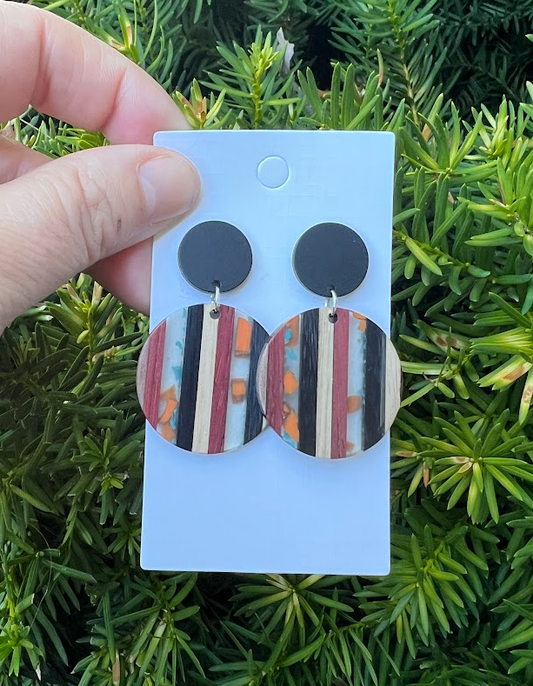 Fall Striped Wood Acrylic Disc Statement Earrings