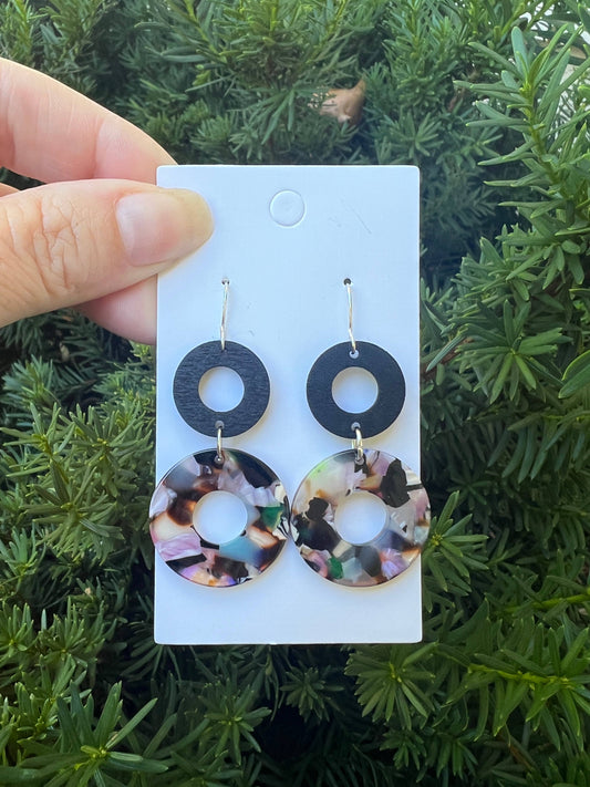 Dark Multi-Color Black Double Duo Wood Acrylic Earrings