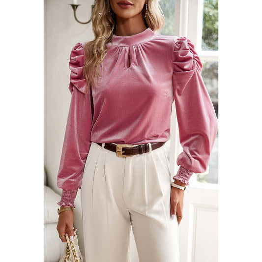 Mock Neck Solid Velvet Blouse: PINK