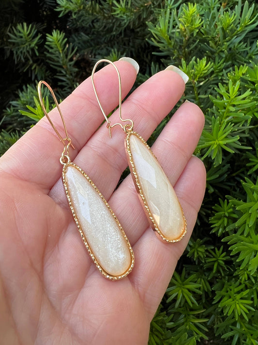 Cream Shimmer Long Teardrop Gem Acrylic Statement Earrings