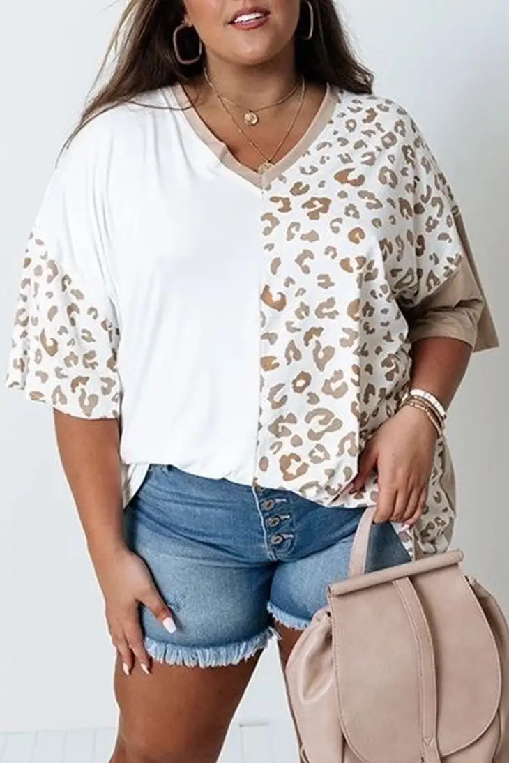 PLUS -- Leopard Patchwork Short Sleeved Top