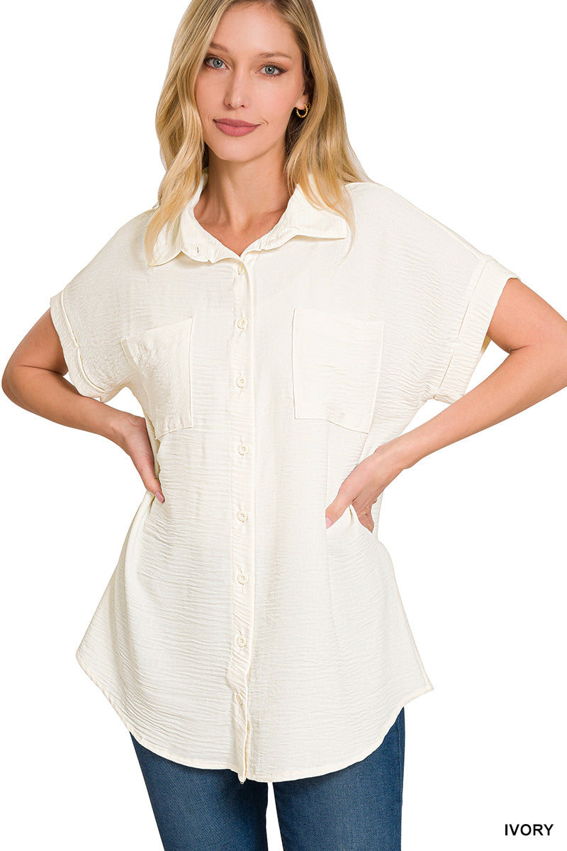 Woven Button Front Short Cuff Top -- Ivory