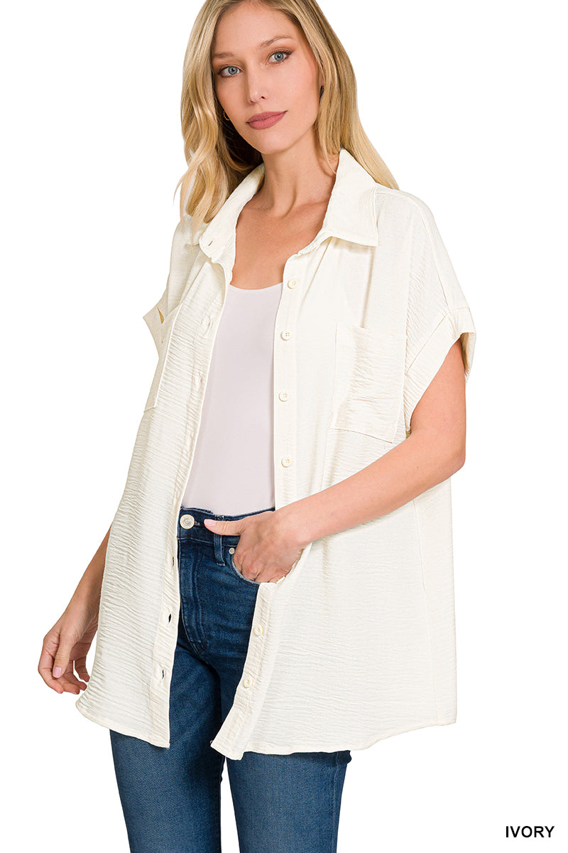 Woven Button Front Short Cuff Top -- Ivory