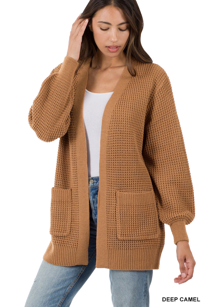 Waffle Open Cardigan Sweater - Deep Camel