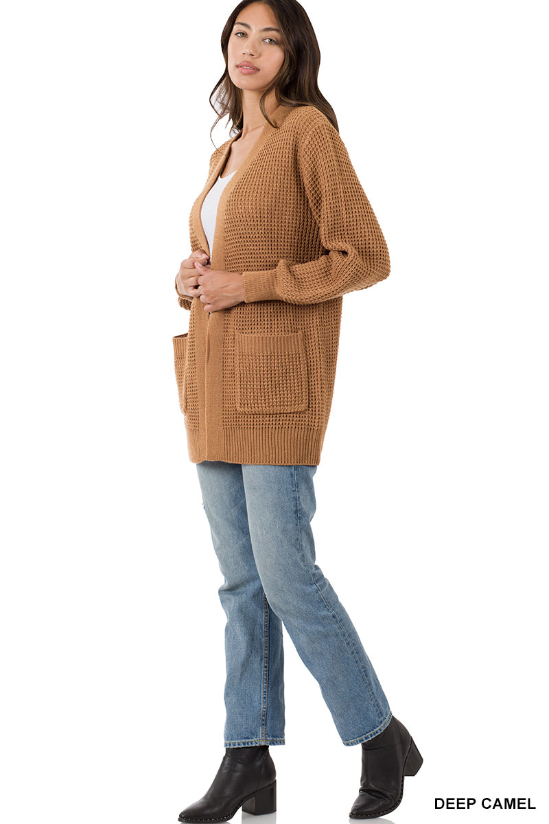 Waffle Open Cardigan Sweater - Deep Camel