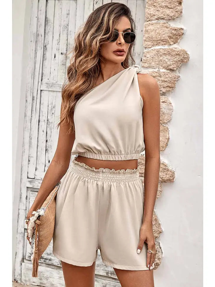 ONE SHOULDER CROP TOP AND LACE SHORTS SET-APRICOT