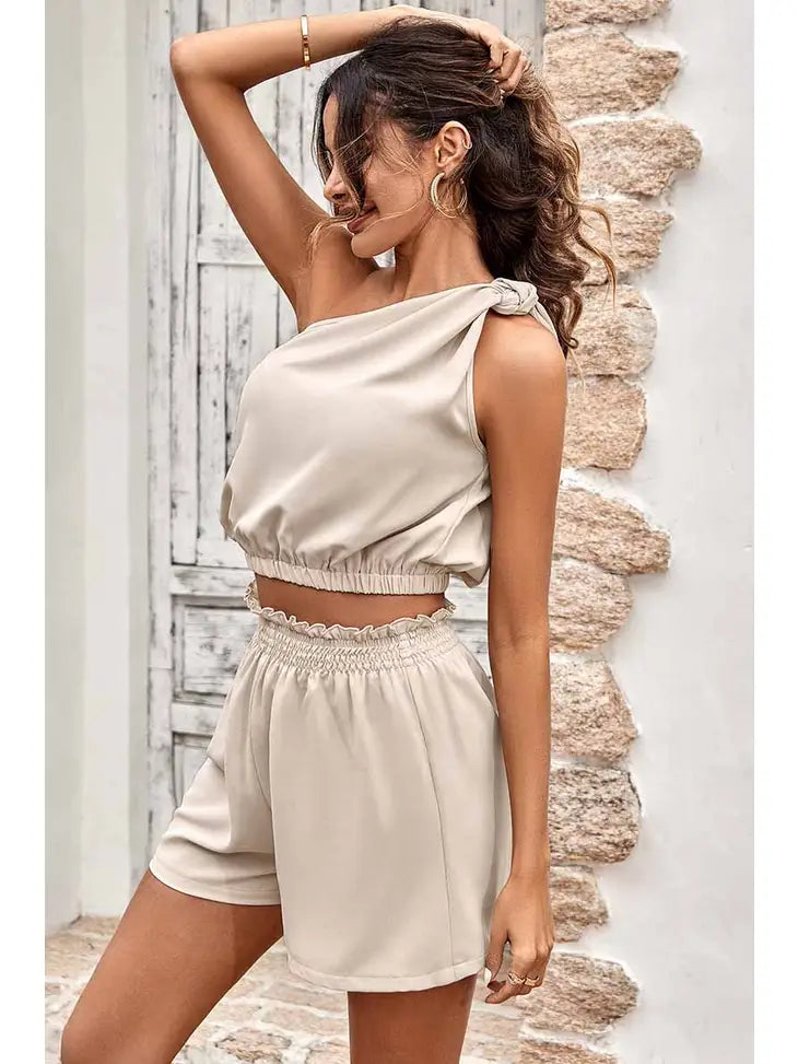 ONE SHOULDER CROP TOP AND LACE SHORTS SET-APRICOT