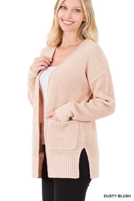 Waffle Open Cardigan Sweater - Dusty Blush