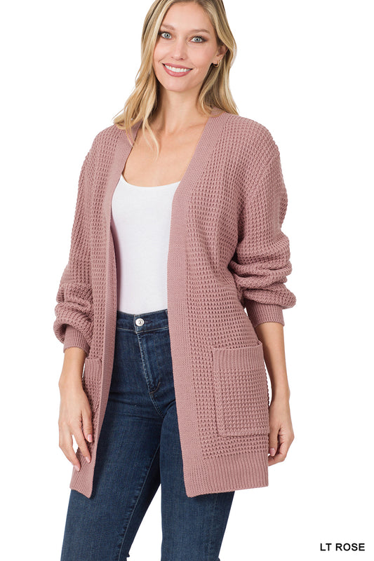 Waffle Open Cardigan Sweater - Light Rose