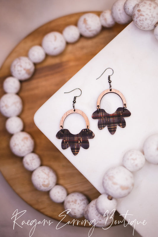 Wood and Scalloped Black Plaid Cork Earrings —