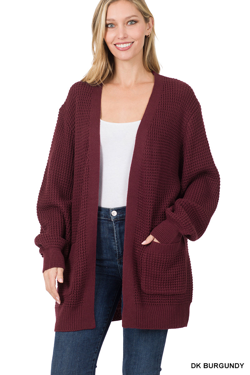 Waffle Open Cardigan Sweater - Dark Burgundy